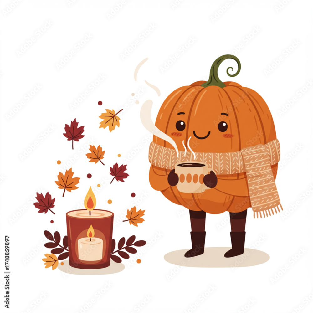 Fototapeta premium Cute Pumpkin Character with Coffee and Candle Vector Illustration — Cozy Autumn and Fall Season Concept