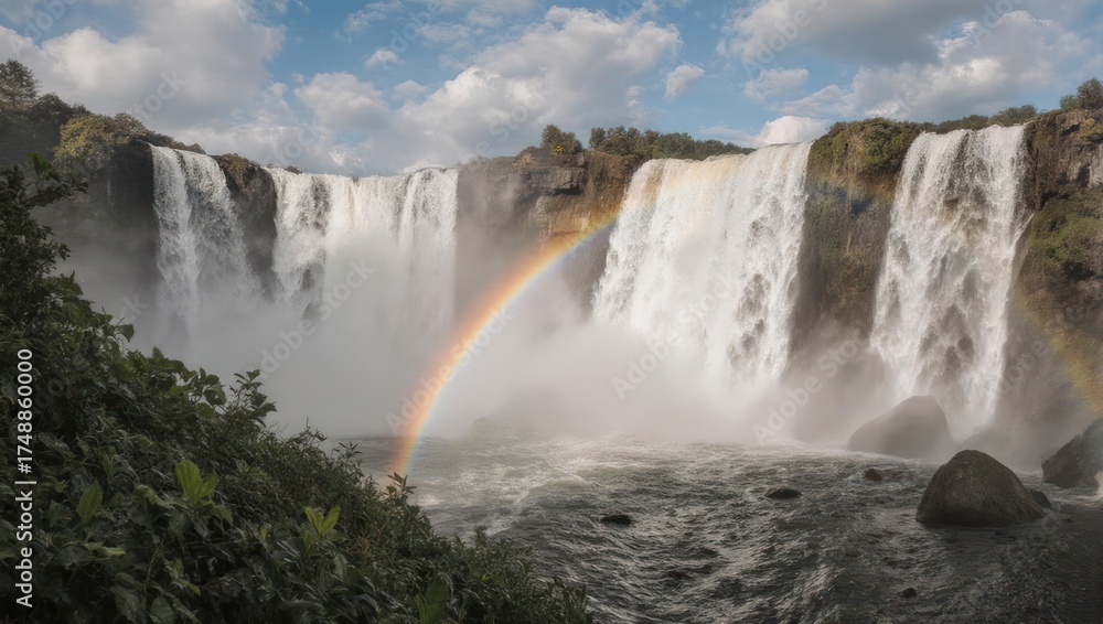 Fototapeta premium Majestic Waterfall with Vibrant Rainbow and Lush Greenery under a Cloudy Sky