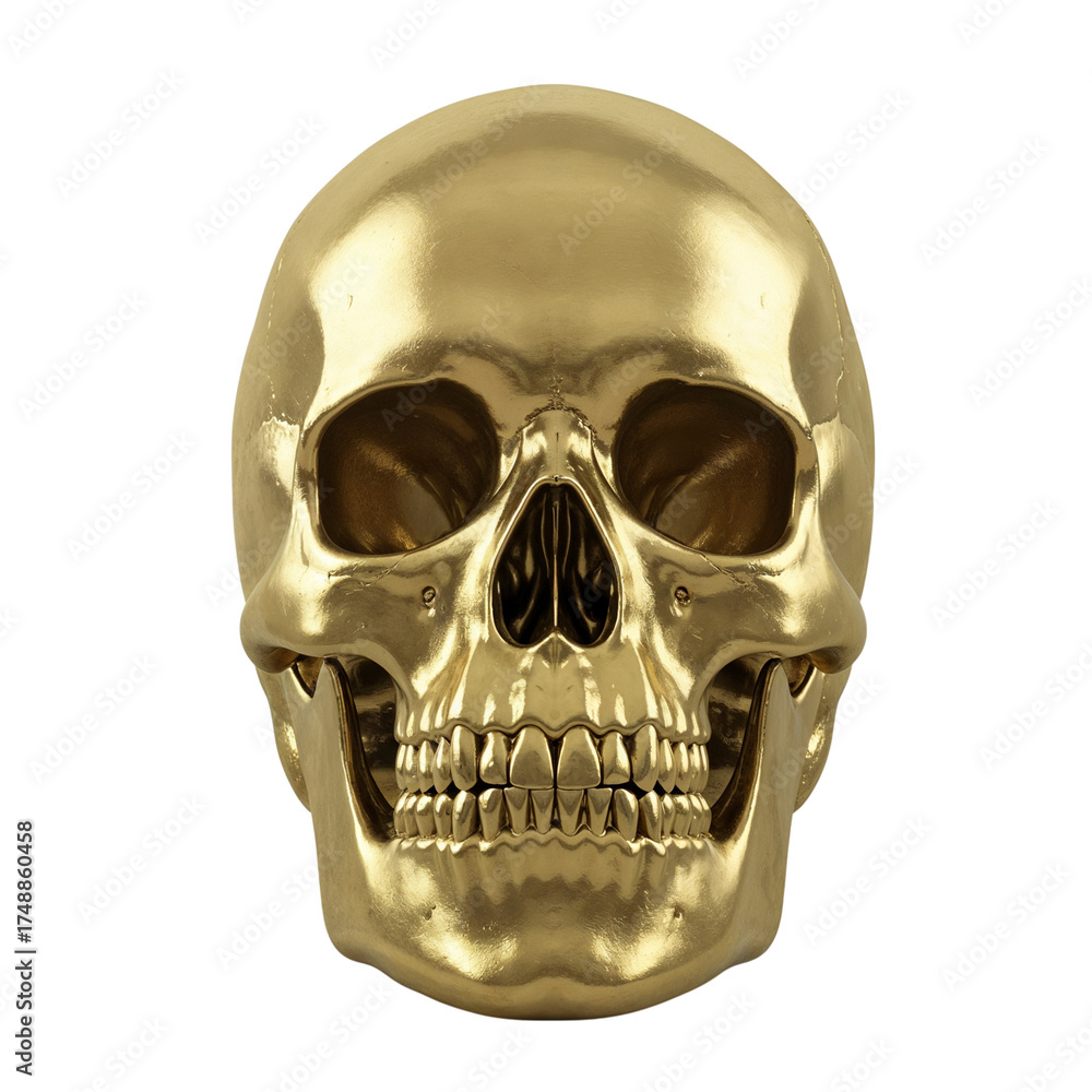 Obraz premium Shiny golden human skull 3d rendered object with realistic reflections isolated on transparent background