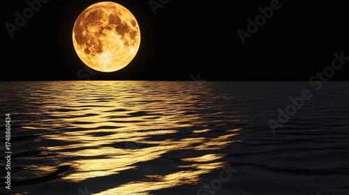 Full Moon Reflecting on Sparkling Water Night Scene: Warm Yellow Moonlight with Peaceful Natural Landscape for Romantic Theme Design, Holiday Cards and Background Material