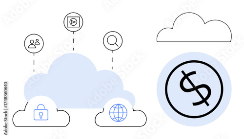 Cloud with symbols representing security, users, search, media, and finance connected globally. Ideal for technology, cloud computing, finance, data analysis security global reach innovation