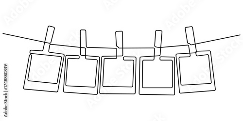 Retro vintage photo card frame with adhesive tape and paper clip, realistic film set template, One line drawing of a camera poster with a beautiful frame. Abstract minimal continuous line art