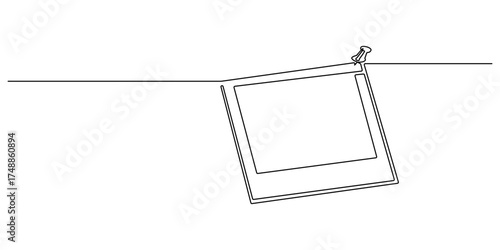 Retro vintage photo card frame with adhesive tape and paper clip, realistic film set template, One line drawing of a camera poster with a beautiful frame. Abstract minimal continuous line art
