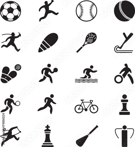 Sports icons depicting athletes and equipment soccer ball