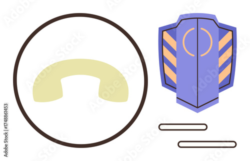 Phone receiver inside circle with shield emblem, signifying call security, communication, and protection. Ideal for privacy, cybersecurity, technology, customer support, telecom connection simple