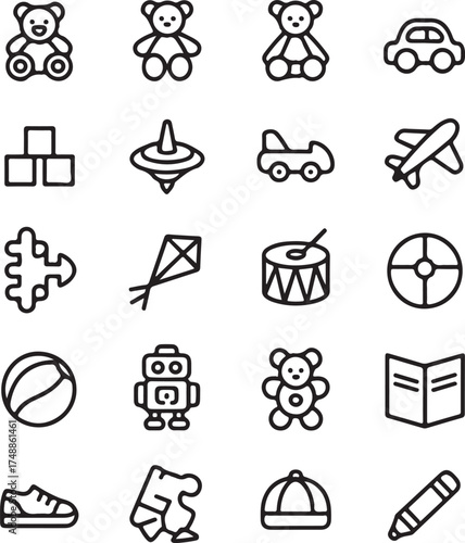 Teddy bear car blocks spinning top airplane kite drum ball robot book shoe puzzle hat marker