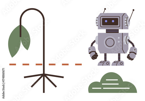 Robot standing near a drooping plant, dashed line connecting to a green cloud. Ideal for technology, sustainability, AI, future innovation, climate action, eco-friendly solutions, simple flat