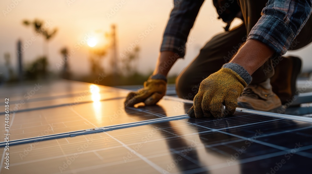 Fototapeta premium Construction worker wearing safety gloves installing solar panels on a residential rooftop while adjusting photovoltaic cells to support renewable energy transition and efficient home electricity use.