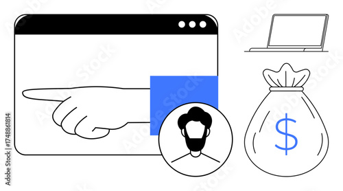 Hand pointing to user profile next to money bag and laptop screen emphasizing engagement, income, technology, business, strategy, digital marketing, online transactions. Simplistic flat metaphor