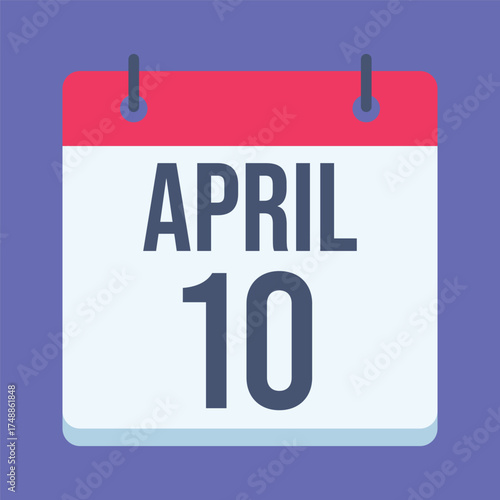 10 April Calendar. Blue Background. Isolated Vector Calendar.