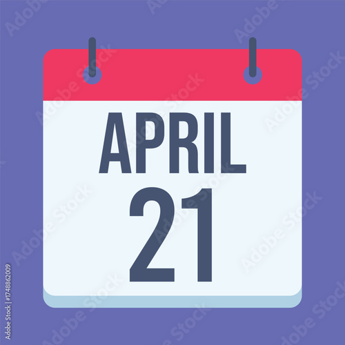 21 April Calendar. Blue Background. Isolated Vector Calendar.