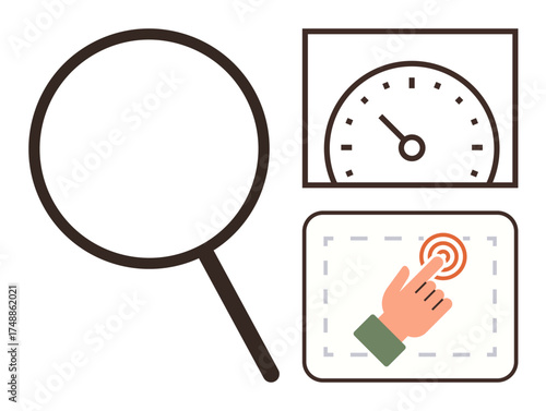 Magnifying glass alongside a speedometer and hand tapping a screen. Ideal for search, user interface, navigation, interaction, speed, analysis, optimization. Simple flat metaphor