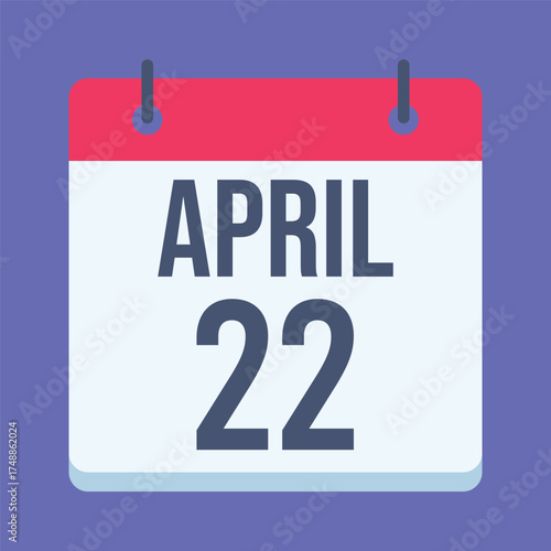 22 April Calendar. Blue Background. Isolated Vector Calendar.