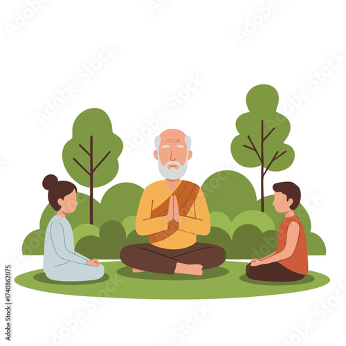 Elderly man meditating with children in a park.