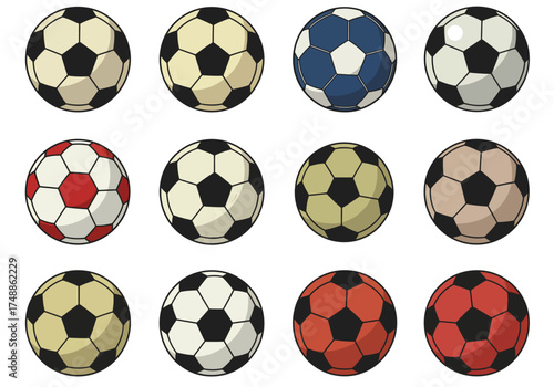 Variations of Soccer Balls A Colorful Vector Graphic of Classic Football Designs