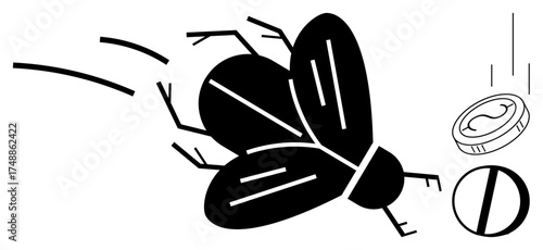 Fly in motion near coin and pill, symbolizing health risks, pest control, monetary implications, and disease. Ideal for healthcare, sanitation, pharmaceuticals, finance environment lifestyle