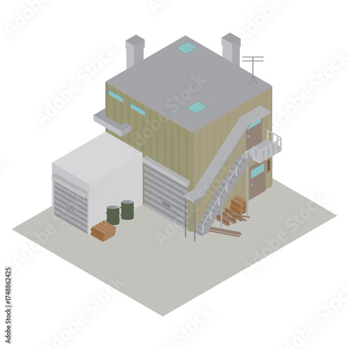 アイソメトリック レトロな工場、作業場の建物イラスト(日本の町工場)