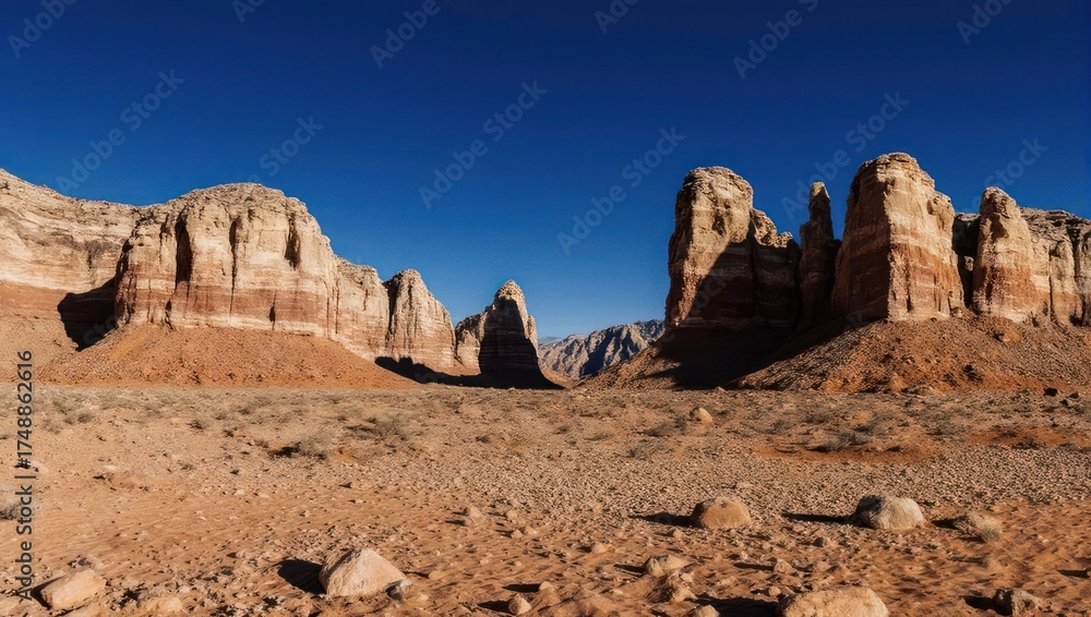 Obraz premium Panoramic view of layered rock formations under a clear blue sky in a desert landscape