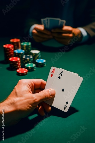 Poker game close-up with player holding two aces, stacks of poker chips on green felt table, intense gambling atmosphere, cards game showdown