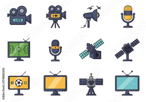 Media Icons Television, Cameras, Microphones & Satellites for Broadcast & Entertainment Design