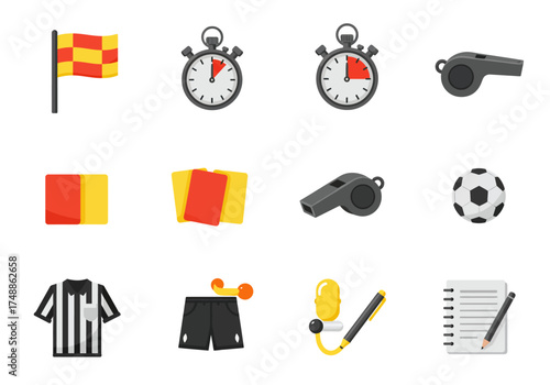 Referee Equipment Flat Design Soccer Gear and Accessories Set Illustration