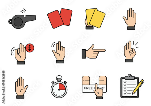 Sports Referee and Umpire Hand Signals and Equipment Icons for Officiating