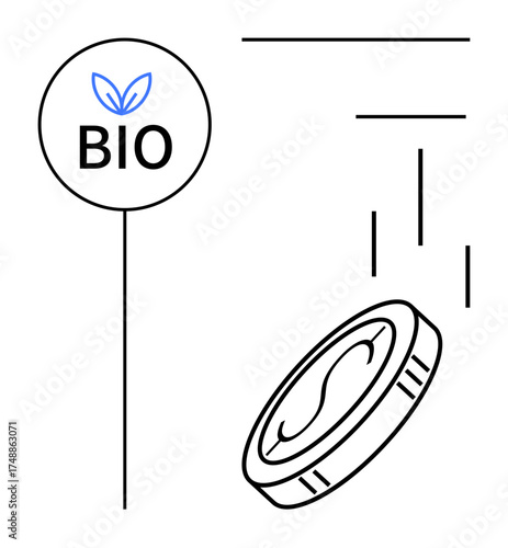 Eco label featuring green leaf above BIO text next to a falling biodegradable coin. Ideal for sustainability, environment, organic products, recycling, green energy, eco-business, simple flat