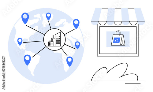Earth map with industrial hub connected to global locations and retail storefront with shopping bag. Ideal for logistics, e-commerce, globalization, retail, supply chain, distribution, business