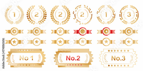 Collection of golden laurel wreaths ribbons and badges representing first second and third place awards