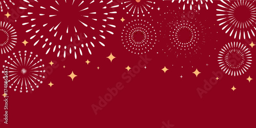 Festive red background with white fireworks and golden stars for celebrations and holidays