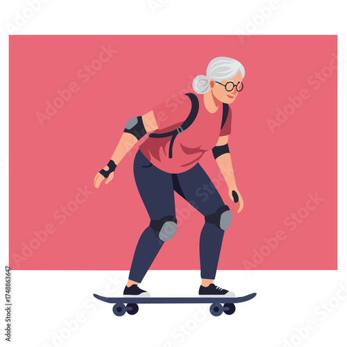 Elderly Woman Skateboarding with Protective Gear.