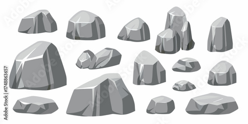 Collection of various grey cartoon rocks and stones isolated on white background