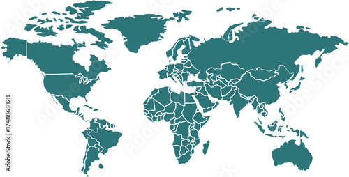 Black blank vector silhouette world map | High detail flat earth template illustration isolated on white background | High resolution contour in Mercator projection