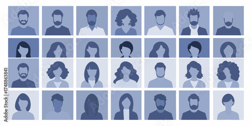 Diverse group of people represented by simple blue silhouette profile pictures in a grid layout