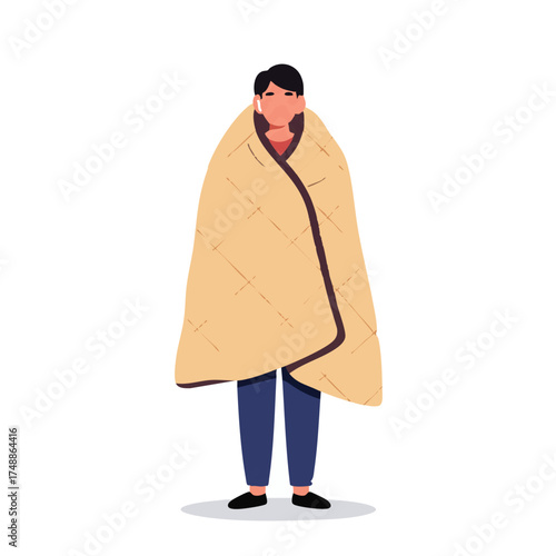 Person wrapped in a blanket feeling cold.