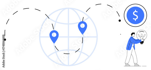 Globe with location markers, dotted lines showing connections, dollar sign denoting currency, person holding idea lightbulb. Ideal for business, finance, globalization, teamwork, innovation profit