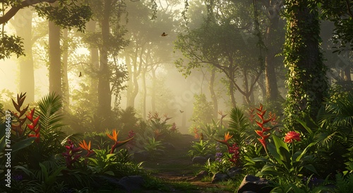 Lush Tropical Forest Path with Sunrise Light and Vibrant Plants