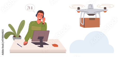 Customer service agent at desk with a headset, speaking, monitoring quadcopter carrying package in sky. Ideal for logistics, delivery, modern technology, customer service, support, e-commerce