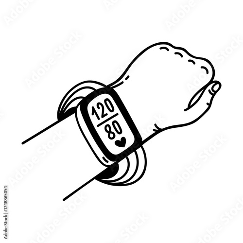 Smartwatch on a wrist, vector doodle. Hand with a blood pressure measuring device. Gadget with a touchscreen, strap. Fitness tracker, health monitoring tool. Cardio workout, hypertension diagnostics