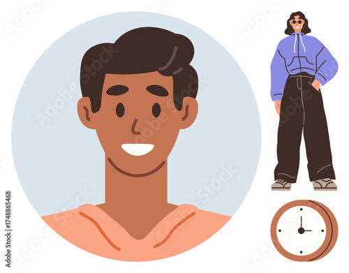 Cheerful young man in a peach shirt beside a modernly dressed person with a clock. Ideal for youth, style, diversity, time management, optimism, confidence, and casual lifestyle concepts. Simple flat