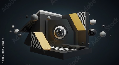 Abstract Geometric Camera Composition with Black Gold and Checkerboard Elements