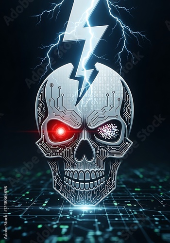 Cybernetic Skull with Lightning - A Fusion of Technology and Mortality.
