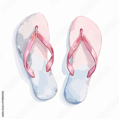Watercolor illustration of pink and white flip flops on a white background summer footwear