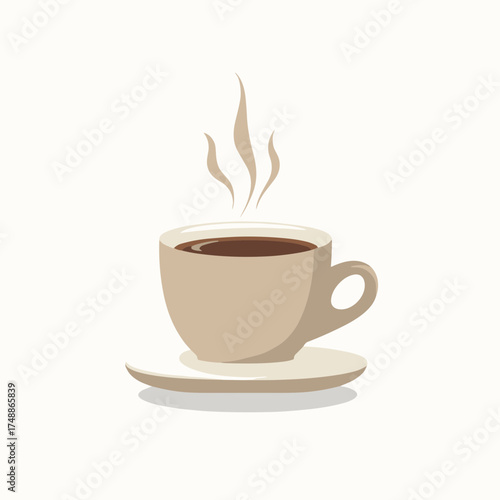 Steaming cup of coffee illustration on a saucer against a light background perfect for ads