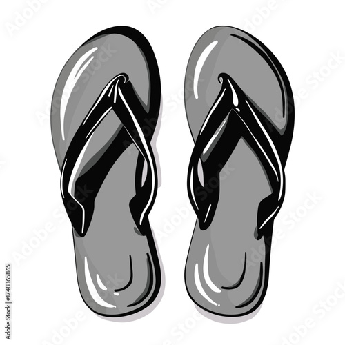 Pair of gray flip flops with black straps isolated on a white background summer footwear