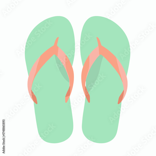 Pair of stylish mint green flip flops with coral straps isolated on a clean white background
