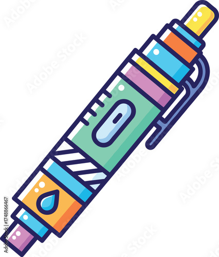 Colorful insulin pen icon with drop symbol and measurement markings