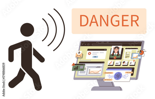 Person walking near computer with warning signals, hacking visuals, and alert text. Ideal for cybersecurity, online threat, hacking, digital safety, awareness, malware simple flat metaphor