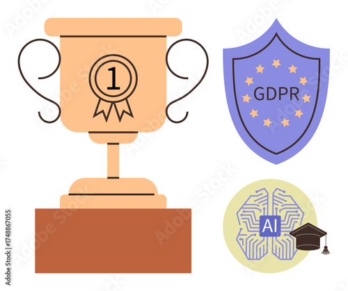Trophy with number one, shield labeled GDPR, and AI brain with graduation cap. Ideal for data protection, compliance, achievement, responsibility, AI innovation, ethical standards simple flat
