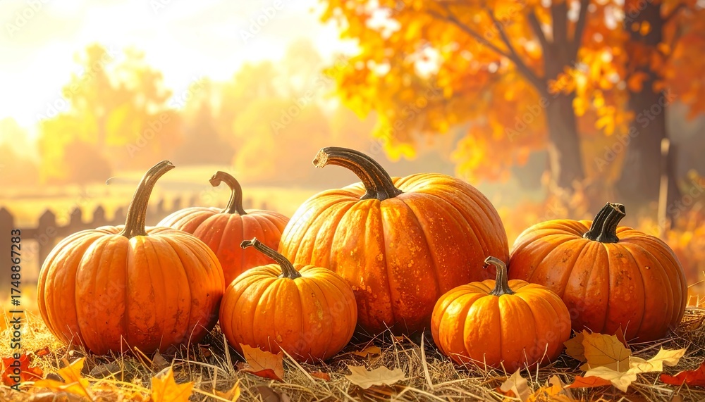 Naklejka premium Rustic autumn harvest background with pumpkins and golden straw under warm sunlight